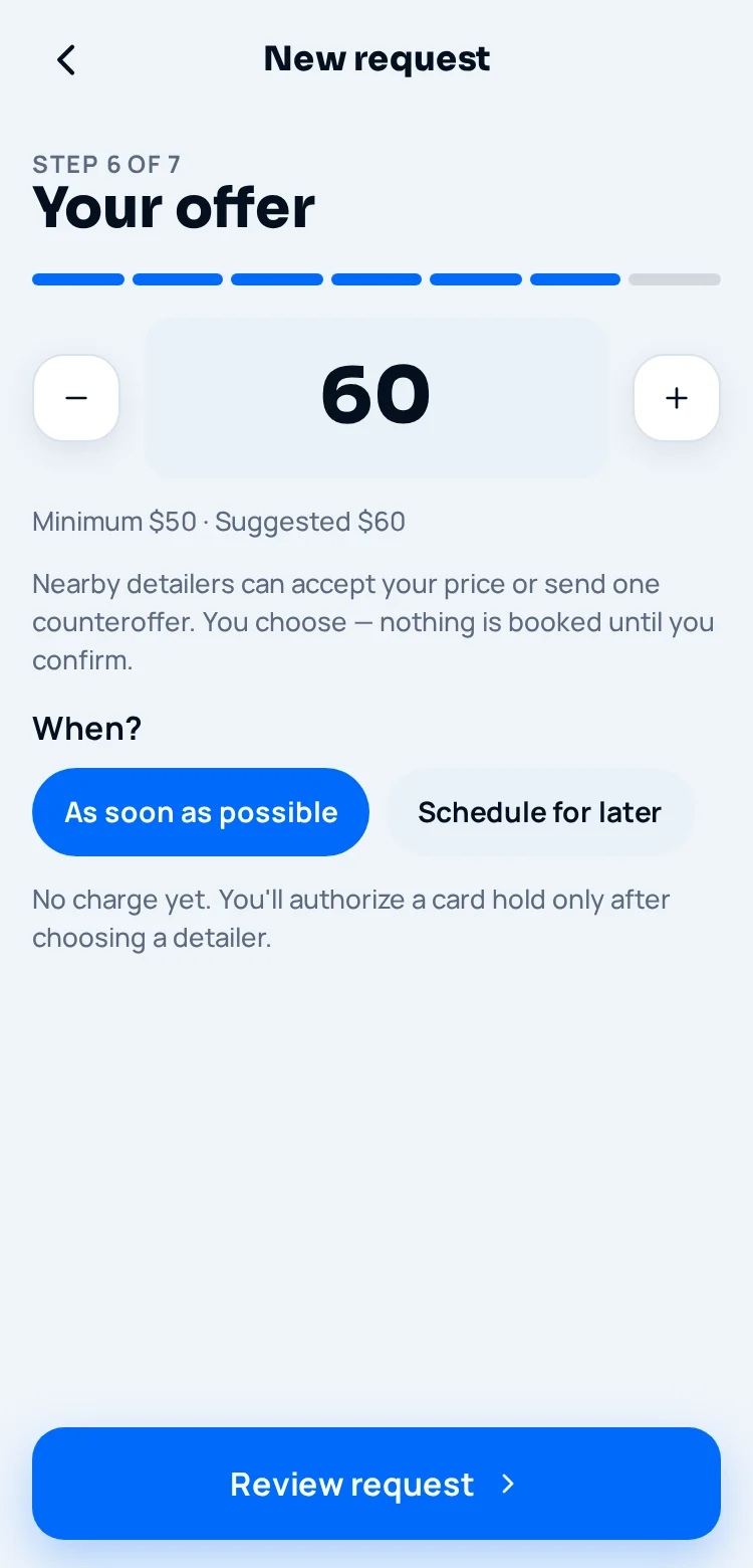 App screen: Your offer — $60, minimum $50, As soon as possible or Schedule for later