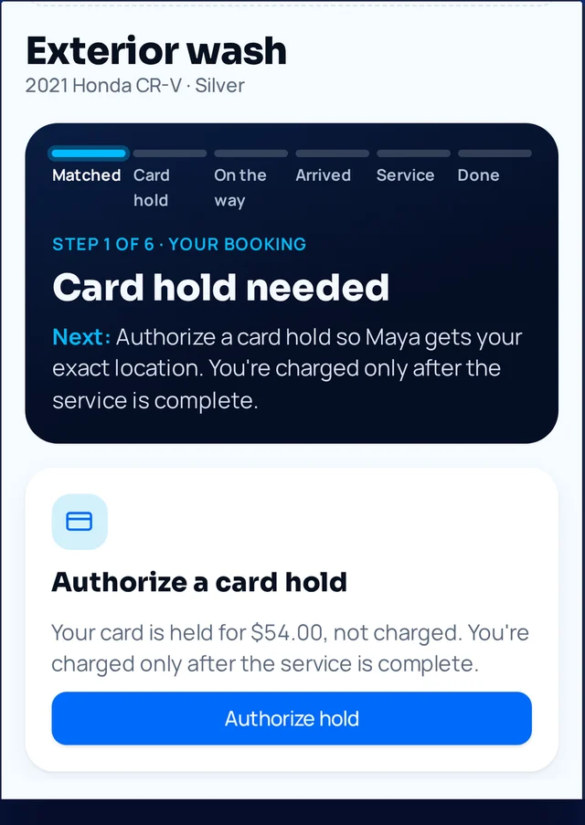 App detail: Card hold needed — charged only after the service is complete