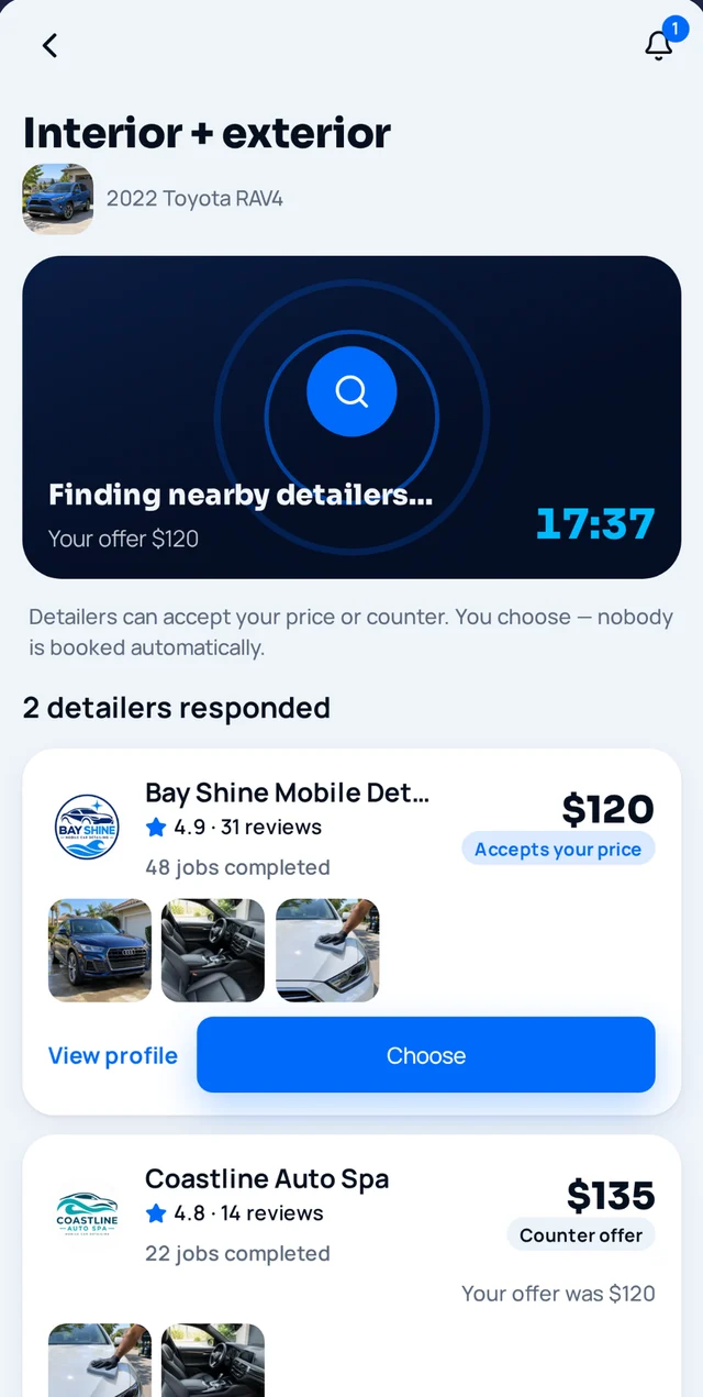App screen: two detailers responded, one accepting and one counteroffering